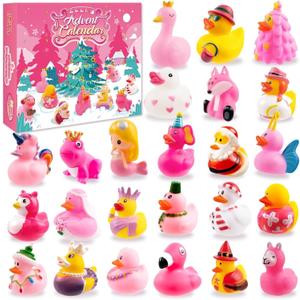 Pink Advent Calendar Christmas Ducks 2025 Kids, 24pcs Rubber Duck Vacation Advent Calendar 24 Days Christmas Countdown Toys Fun Duckies Bath Toys for Baby Shower Xmas Gifts Party Favors Girls Toddlers