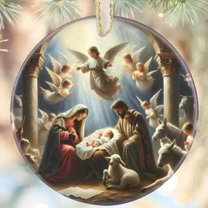 2 x Nativity Christmas Decorations, 3.5 Inch Ceramic Religious Christmas Ornament, Christmas Tree Ornaments, Christian Gifts for Kids, Religious Gifts for Women, Xmas Gifts for Mom, Merry (Birth of Jesus)