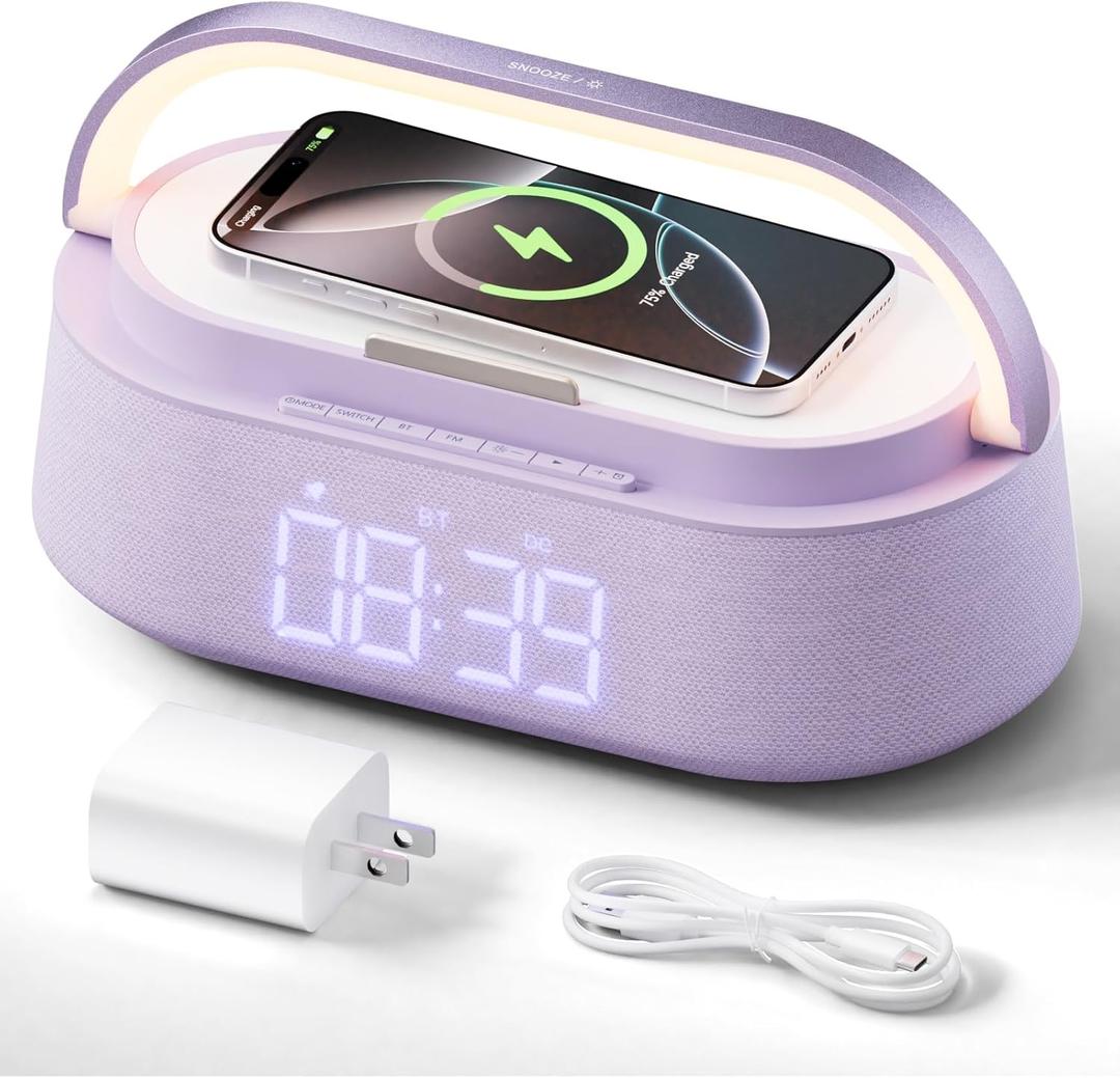 FREEFISH Bluetooth Speaker with Wireless Charger, FM Radio, Dimmer Night Light, Phone Holder, Wireless Charging Speakers for iPhone Samsung, Bedrooms Home Office Gifts