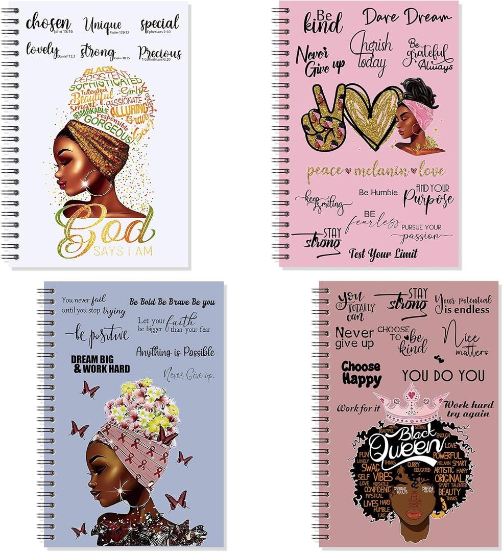 Kosiz Black Women Notebooks Bulk Inspirational African American Spiral Journal Line Notepads Gifts for Women Day Black Staff Teachers Students(4 Pieces)