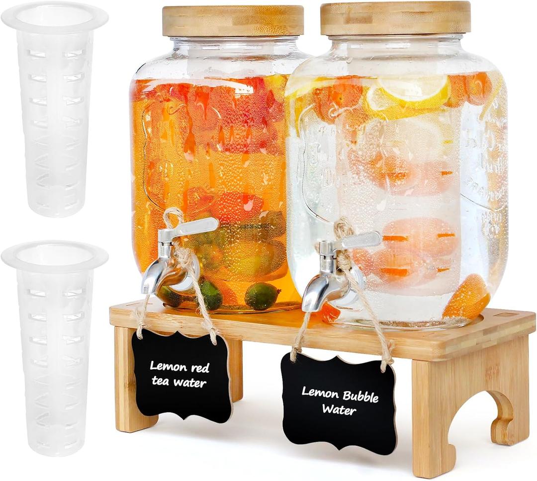1 Gallon Drink Dispenser with Stand,2 Pack Glass Beverage Dispenser With Wood Stand, Stainless Steel Spigot and Labels Large Water Drink Dispensers for Parties, Lemonade,Juice, Tea