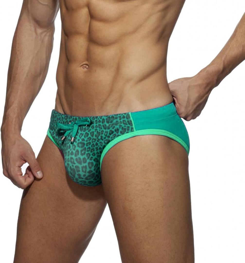 Men's Swim Briefs Low Rise Adjustable Drawstring Sexy Bikini Swimsuit Leopard Print Swim Trunks Underwear (3X-Large, Green)