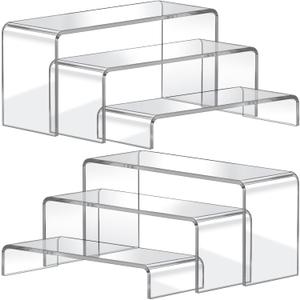 FUNFERY Acrylic Display Risers,2 Sets(7.8" L~8.2" L~8.6" L) Display Stand Shelf for Figure,Collectibles,Cupcake,Clear Acrylic Risers for Displays Case Cabinet,Dessert Table,Shelf Riser for Decor,Food
