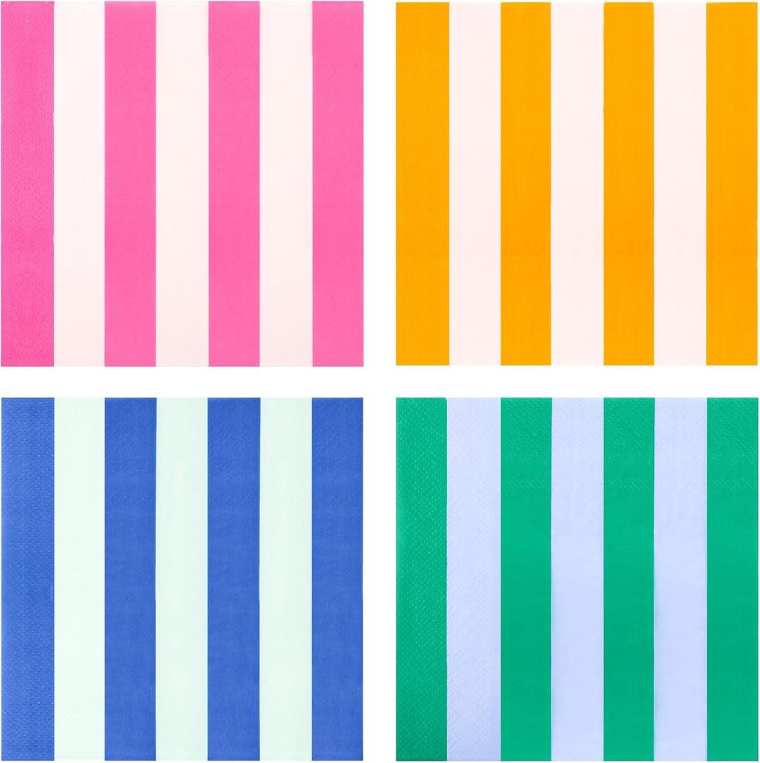 100 Pcs Summer Striped Paper Napkins 6.5 Inch Cabana Stripe Disposable Beverage Napkins for Pool Beach Italian Summer Wedding Birthday & Baby Shower Party Supplies