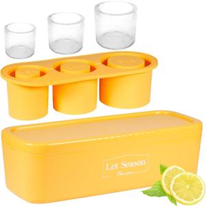 3 x BPA-Free Ice Cube Tray for Tumbler Cup 30Oz-40Oz, 3 Pcs Silicone Cylinder Ice Mold with Lid and Bin for Freezer, Easy Fill and Release Ice Maker for Cold Drinks, Coffee, Cocktails, Juice (Yellow)