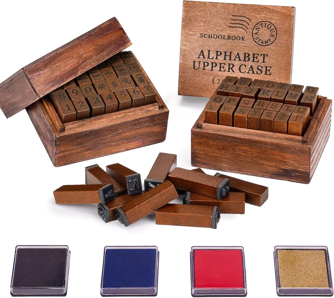 Letter Stamps, 56pcs Alphabet Stamps with Weeks and Weather, Number Stamps with Wooden Case, Vintage Symbol Wood Stamps with Ink Pads Rubber Stamps for Crafting, Card Making, Scrapbooking