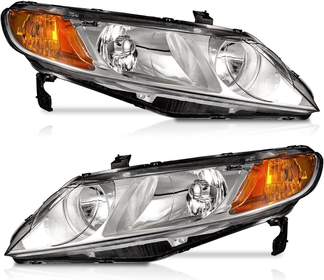 WEELMOTO for 2006-2011 Honda Civic 4-Door Headlights Replacement for Headlight Pair Headlamp Chrome Housing Amber Reflector Left+Right Side (Does NOT fit 2-Door Coupe models