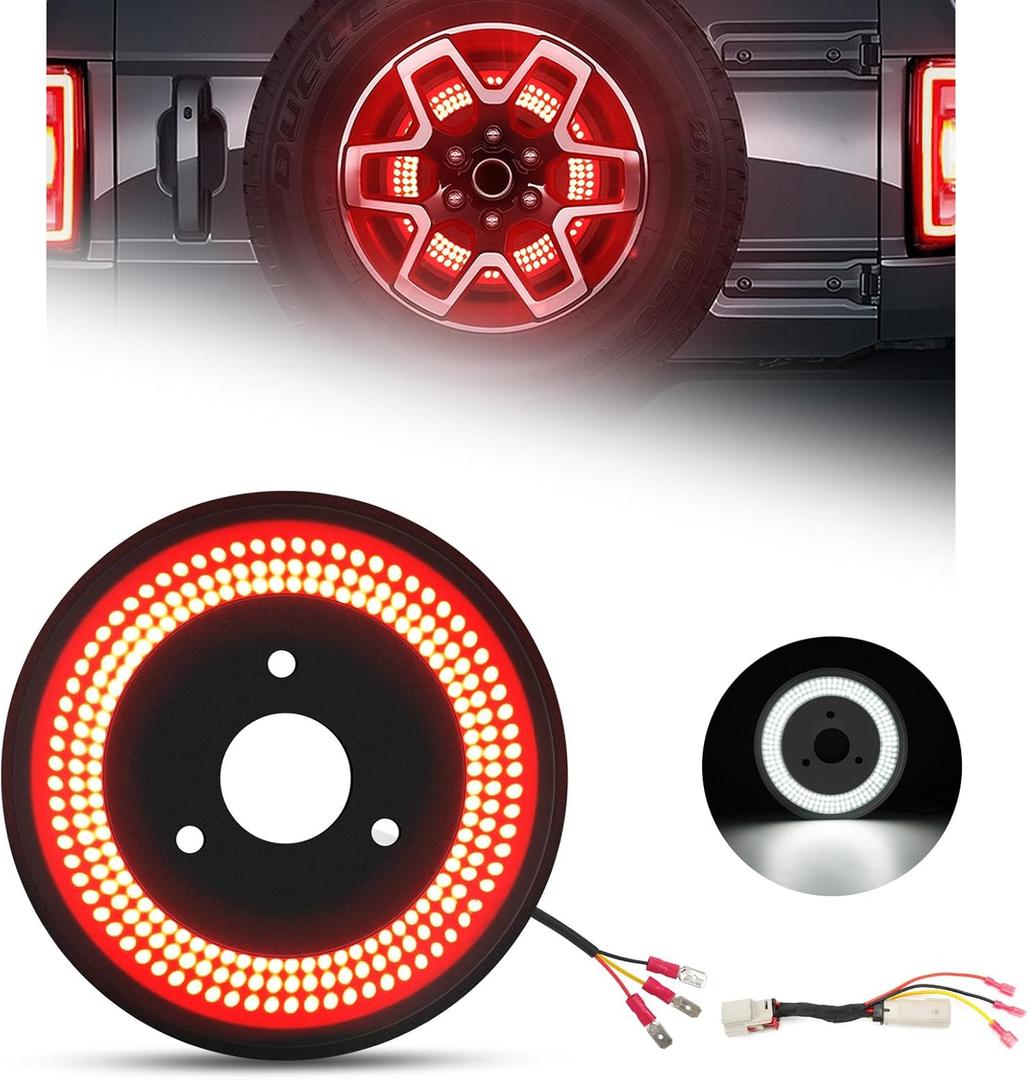 LED Spare Tire Brake for Ford Bronco 2021-2025, Plug & Play 3rd Third Brake Light Wheel Light with Large Lighting Surface, Red Brake + Reverse Light Dual Function