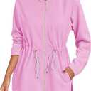 Fisoew Women's Zip Up Hoodie Sweatshirts Oversized Long Sleeve Casual Drawstring Waist Side Slit Tunic Tops, S, Pink