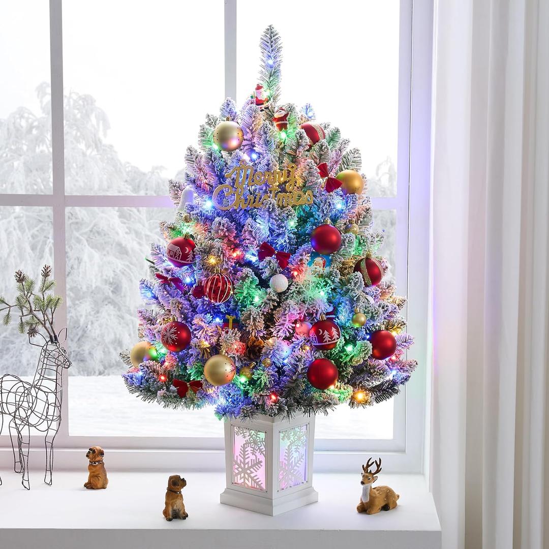 3FT Small Christmas Tree, Artificial Christmas Tree with 100 Lights & Lighting Base, Prelit Mini Tree for Christmas Decor,Tabletop Christmas Tree, 10 Modes Lighting Control, Timer Operated Operated