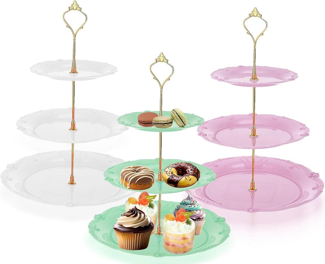 3 Pack 3 Tier Plastic Cupcake Stand, Dessert Cup Cake Holder Tower Reusable Tiered Serving Tray with Metal Rod Pastry Platter for Wedding, Birthday, Tea Party - White Green Pink