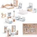 ROBUD Wooden Dollhouse Furniture Set, 23 Pcs Dollhouse Accessories, Miniature Furniture Including 5 Room Kits, Dollhouse Furniture Pretend Play Toys for Boys, Girls & Toddlers, 3+