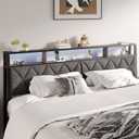 Queen Headboard Only, Headboard for Queen Size Bed with Storage, Upholstered Headboards with LED Lights & Charging Station, Attach Frame, Ideal for Bedroom/Dorm/Guest Room, Dark Grey & Brown