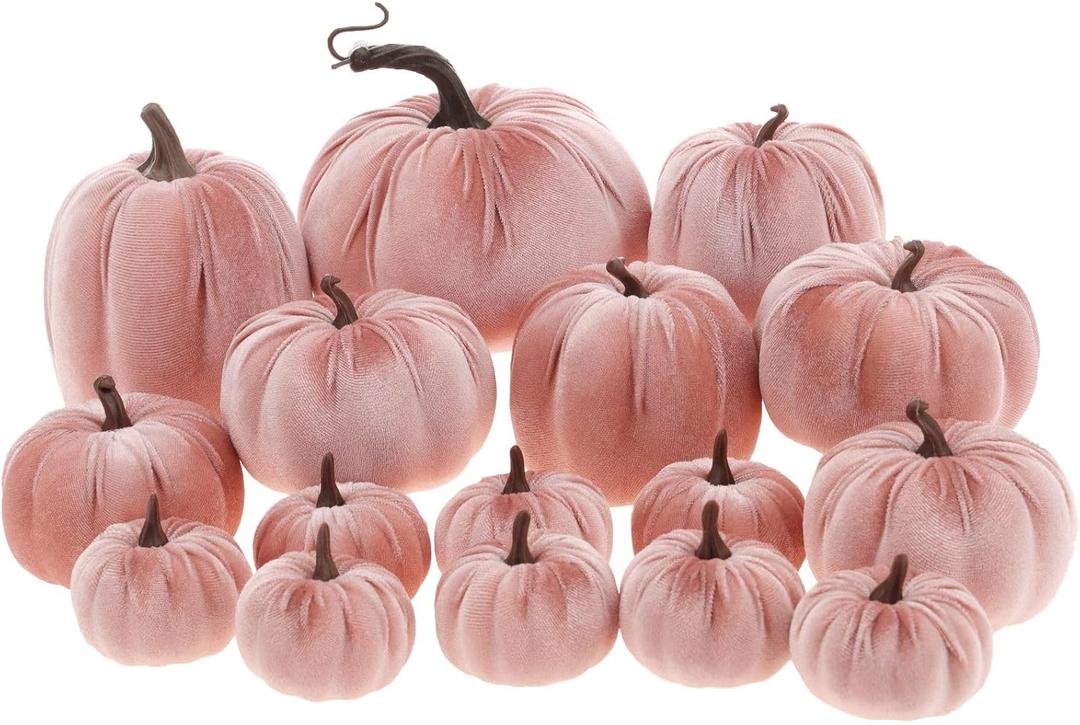 16 Pcs Light Pink Velvet Pumpkins Halloween Assorted Faux Velvet Pumpkins Set Handmade Artificial Foam Pumpkin Decor Fall Harvest Thanksgiving Home Party Table Centerpiece Decoration