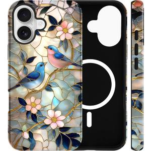 Jusy Magnetic Stained Glass Floral Case for iPhone 11, Bird | Compatible with MagSafe, Cute Aesthetic Flower Design, TPU and PC Protective Phone Cover