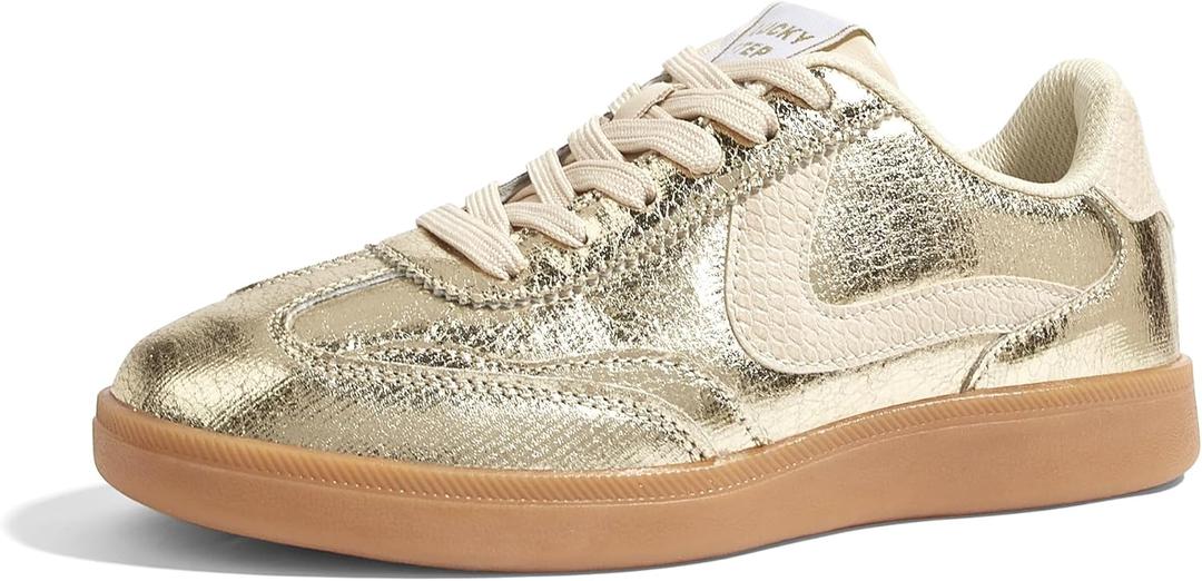 LUCKY STEP Women's Retro Fashion Sneakers Classic Casual Walking Shoes Non Slip Comfort Skate Shoes (8.5, Gold)