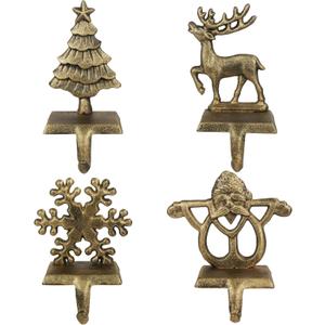 OCTERIC 4Pcs Stocking Holders, Reindeer Santa Snowflake Christmas Tree Metal Mantel Hooks, Anti-Slip Heavy Duty Solid Cast Iron Mantle Hangers Xmas Dcor for Fireplace Holiday Indoor Decoration