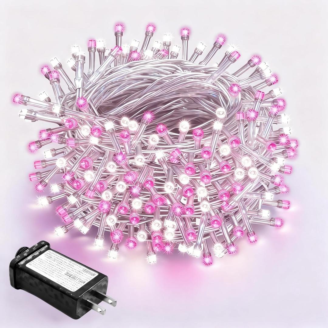 WISD Christmas Lights 108ft 600LED Fairy String Lights with 12 Modes and Memory, Plug in String Lights for Indoor Outdoor Christmas Tree Home Garden Wedding Party Decoration, Pink+White