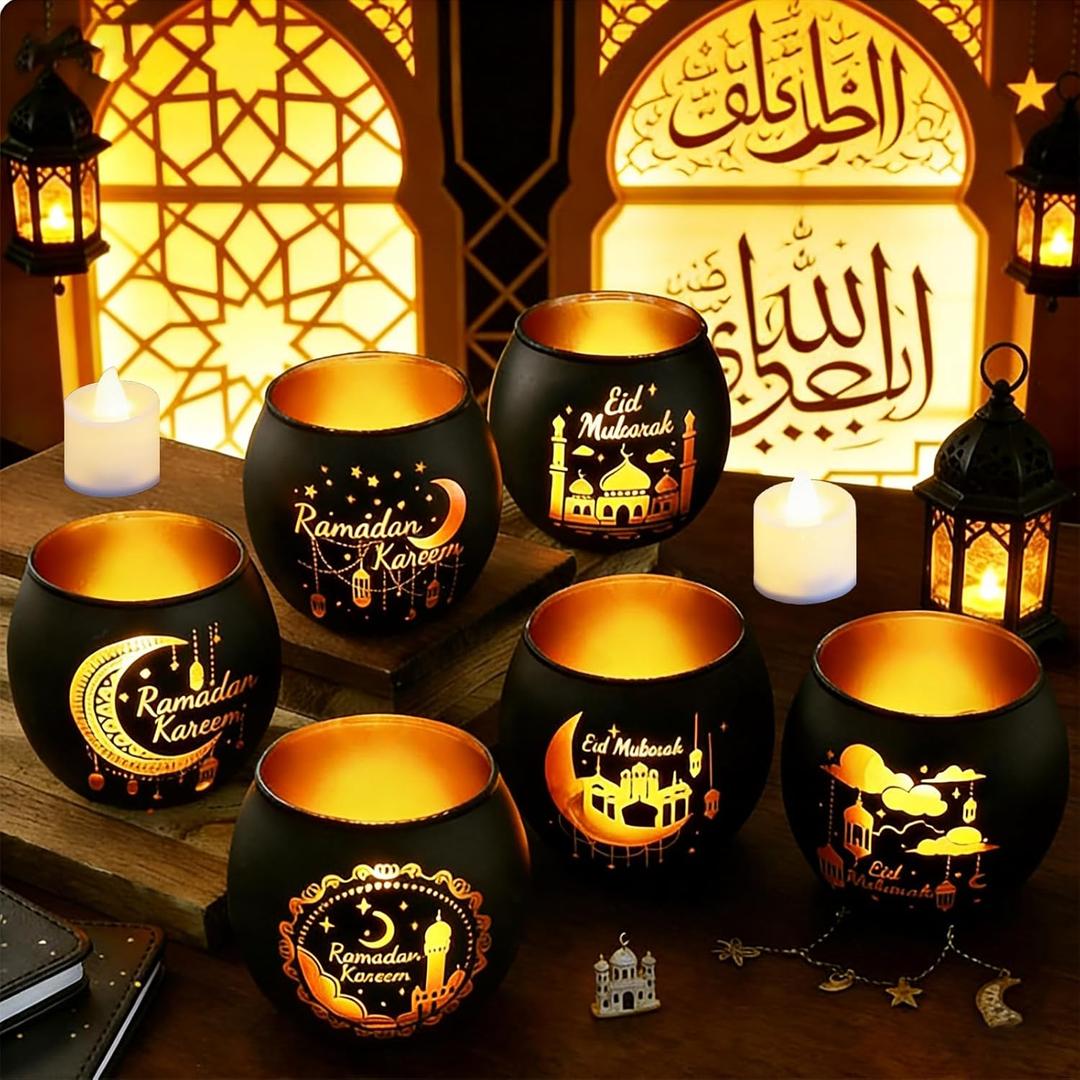 6 Set Ramadan Decorations Gifts Include 6 Glass Votive Tea Light Candle Holder 6 LED Flameless Candles Eid Mubarak Decorations for Home Party Table Centerpieces