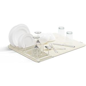 Umbra Udry Dish Rack with Movable Pegs and Microfiber Drying Mat  Space-Saving Design Folds Up for Easy Storage, Basic Rack, Linen