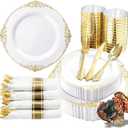 Nervure 350PCS Gold Plastic Plates - Gold Plastic Dinnerware Sets for 50 Guests - 100 Disposable Plates, 150 Silverware, 50 Cups, 50 Napkins for Wedding & Party & Thanksgiving
