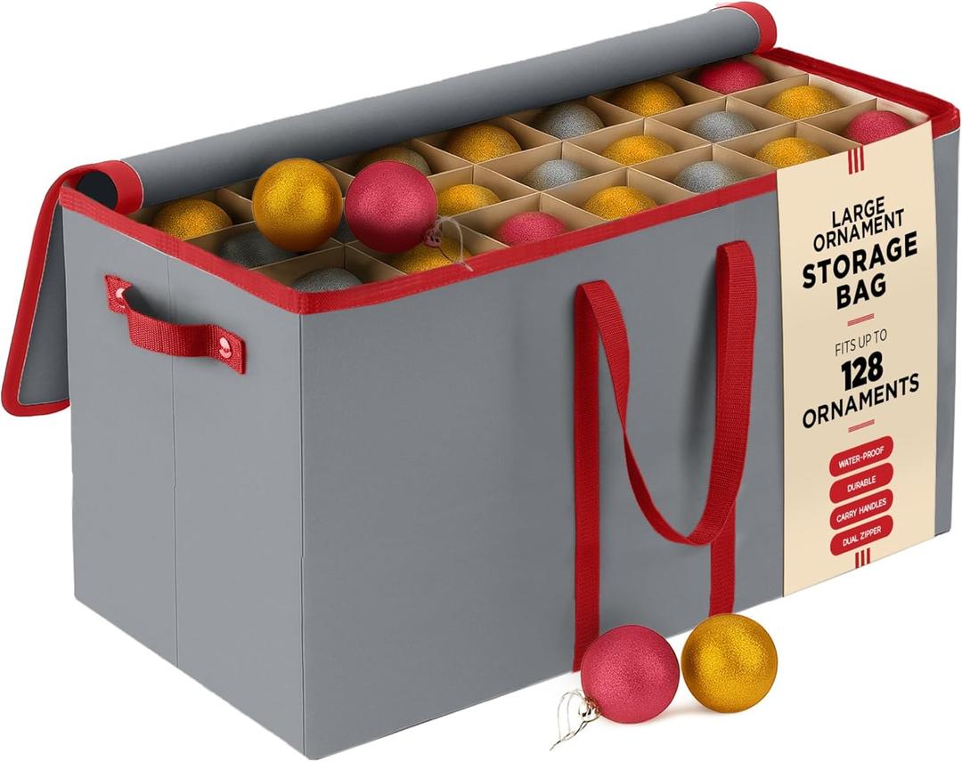 128 Ornament Storage Box – Adjustable Dividers, Stackable Holiday Ornament Organizer with Lid, Durable Fabric Bin for Christmas Decorations – Reinforced Handles, Dustproof & Space-Saving Design (Grey)