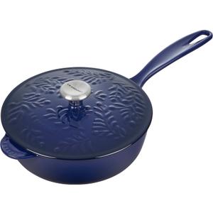 Le Creuset Olive Branch Collection Enameled Cast Iron Saucier, 2.25 qt., Indigo with Embossed Lid