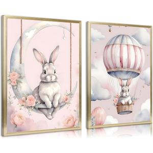 2pcs Nursery Bunny Canvas Wall Art Cute Balloon Bunny Posters Prints Pink Girl Animal Children's Room Wall Decor Pictures For Girls Room Bedroom Hone Decoration Unframed (12x16in)