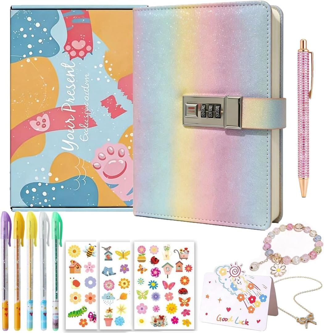 Diary with Lock for Girls, Locked Journals for Teenage, Password Notebook with Pen and Bookmark, Birthday Gifts for Kids Secret Diary Office Notebook Kit