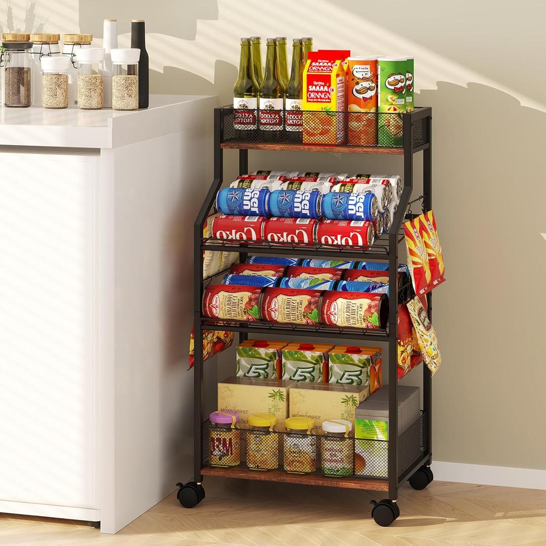 Homsorout Can Organizer for Pantry - Rolling Snack Cart, Multi-Layer Soda Can Organizer for Pantry, Mobile Beverage Storage Rack with Wheels, Versatile Metal Shelf for Kitchen and Office, Black Brown