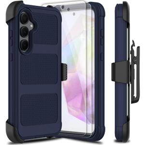 for Samsung Galaxy A35 5G Case with 2 Pack Tempered Glass Screen Protector, [Holster Series] Belt Clip Hard Tough Heavy Duty Rugged Shockproof Protective Cell Phone Case (Dark Blue)