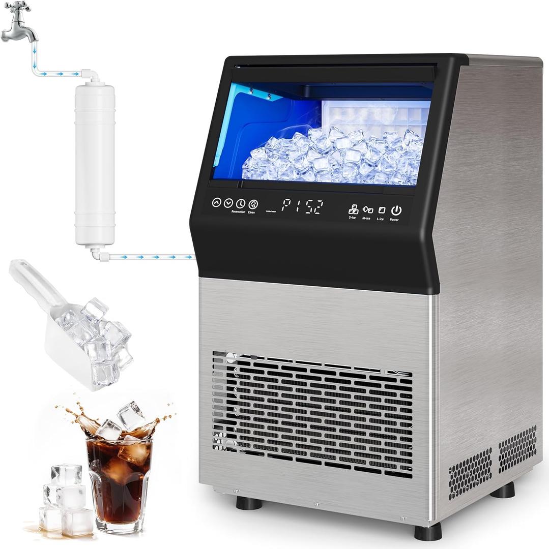 Commercial Ice Maker Machine, 110Lbs/24H Stainless Steel Undercounter Freestanding Ice Maker with 12Lbs Storage Capacity, Self-Cleaning, LED Digital Display, 45 Ice Cubes 8Mins, Home/Bar/Restaurant