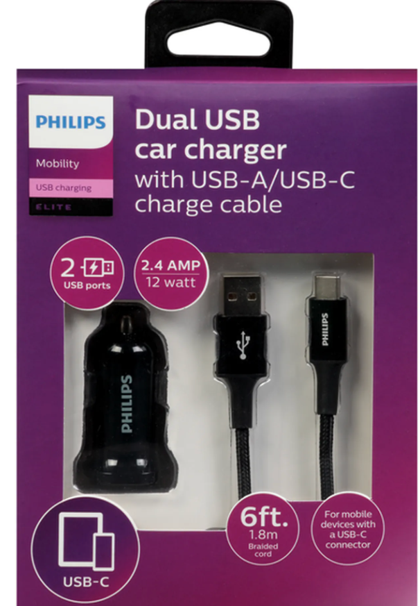 Phillips Dual USB Car Charger With USB A/USB C Charge Cable