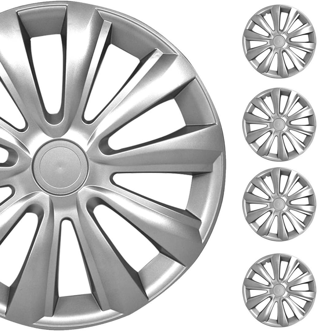 OMAC - ABS Silver Hub Caps 16 Inch Set of 4, Tapas para Rines 16, Premium Wheel Covers 16 Inch, R16 Rim Cover Set, Snap On Durable Car Replacement Exterior Accessories