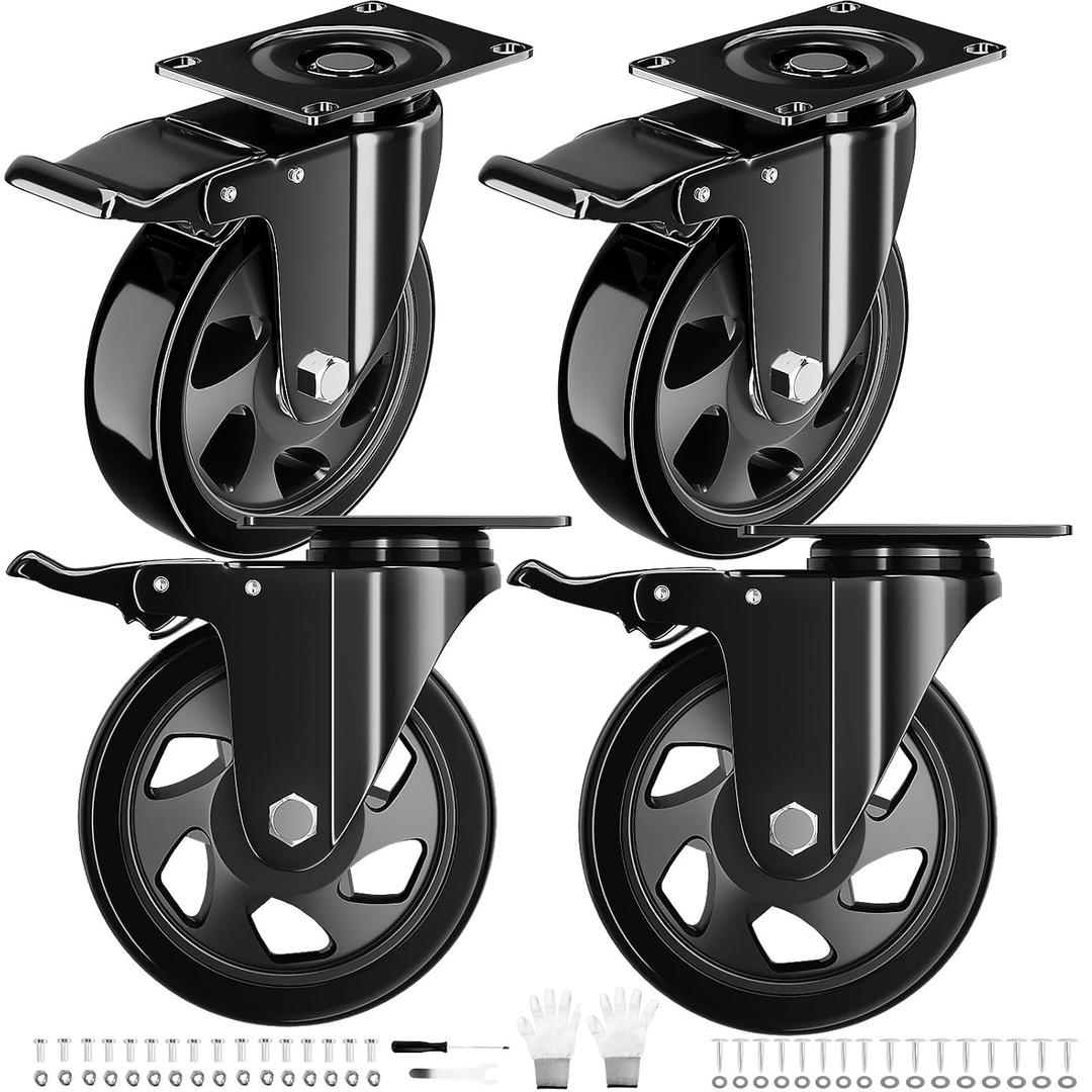 4 Inch Caster Wheels Heavy Duty 2200Lbs, Casters Set of 4 with Safety Dual Locking, Swivel Industrial Plate Casters, No Noise Wheels for Cart, Furniture(Bonus of 2 Hardware Kits & Gloves)