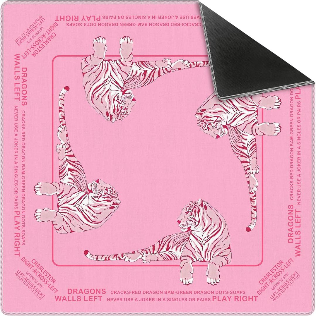 Cute Pink Tiger Mahjong Mat 31.5 x 31.5 Inch, Preppy Pink Aesthetic Tiger Non-Slip Noise Reduction Mahjong Table Mat for American Mah Jong Poker Card Board Games Dominoes, 80 cm x 80 cm x 3 mm