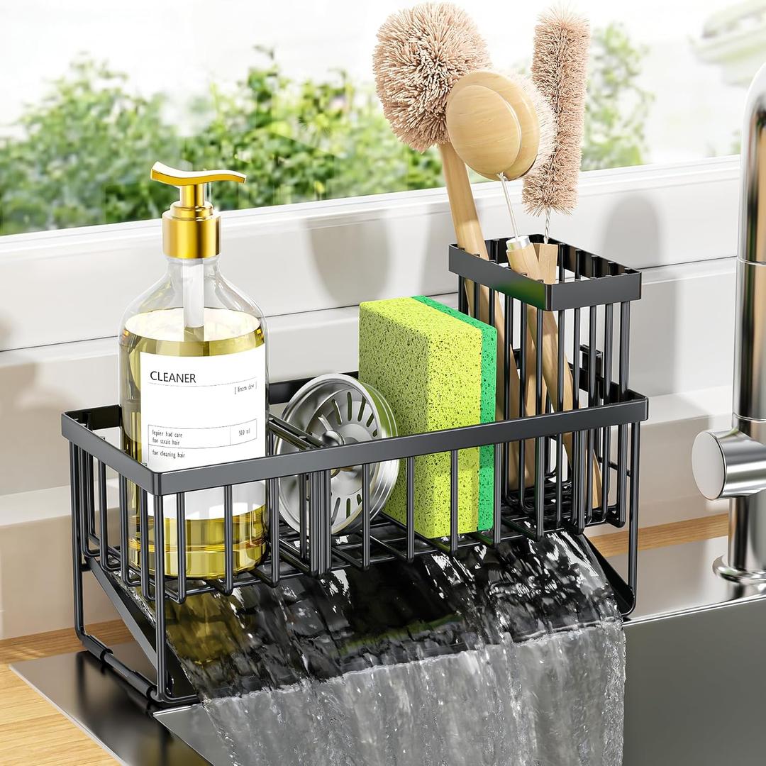 Cisily Sink Caddy Sponge Holder for Kitchen with Brush Holder and Stainless Steel Self Drain Tray, Rustproof Kitchen Sink Organizer for Sponge, Soap Dispenser Storage Accessories (9.25, Black)
