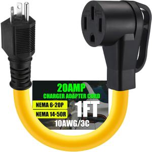 Tellegloww NEMA 6-20P to 14-50R EV Charger Adapter Cord 20 Amp to 50 Amp EV for Level 2 Charging 3 Prong Male to 4 Prong Female Power Cord Only for EV Charger, STW 10 AWG/3C, 1FT, ETL Listed