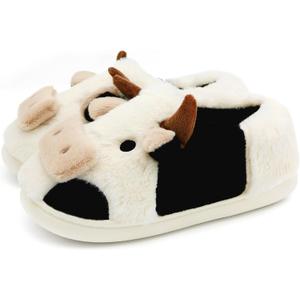 Cute Fuzzy Cow Slippers for Women, Cartoon Plush Warm Cow Slippers for Girls Funny, Novelty and Soft Cotton Slipper, Women's Winter House Shoes Suitable for Indoor Bedroom Dormitory (Beige)