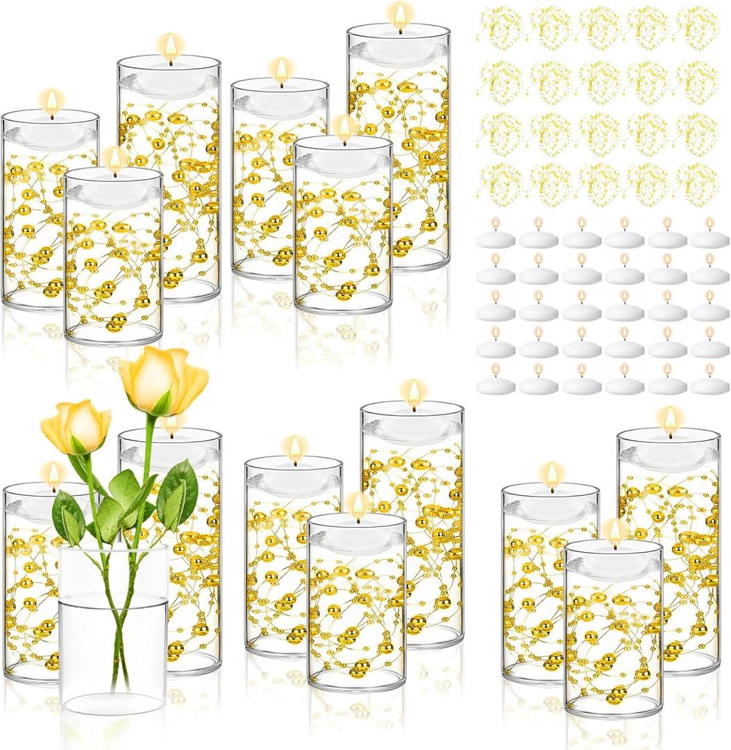 15 Set Glass Cylinder Vase with 20 Artificial Pearl String 30 White Floating Candle Cylinder Vase for Centerpieces 4"+ 6" + 8" Glass for Wedding Party Table Decor (Gold)