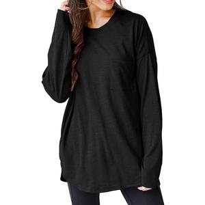 Wihion Women Oversized Long Sleeve T-Shirts Cotton Casual Crewneck Solid Tunic Tops with Pocket, L