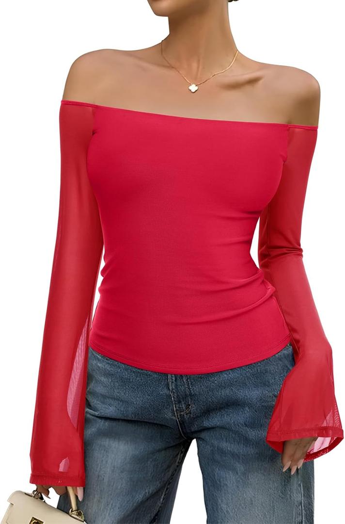 REORIA Off The Shoulder Tops for Women Tube Double Lined Mesh Going Out Shirts 2025 Fall Fashion Trendy Tops (Large, Red)