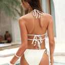 ZAFUL Halter Swimsuits for Women Textured Backless 2 Piece Bathing Suits Cheeky High Cut String Tie Side Bikini Sets (White, L)