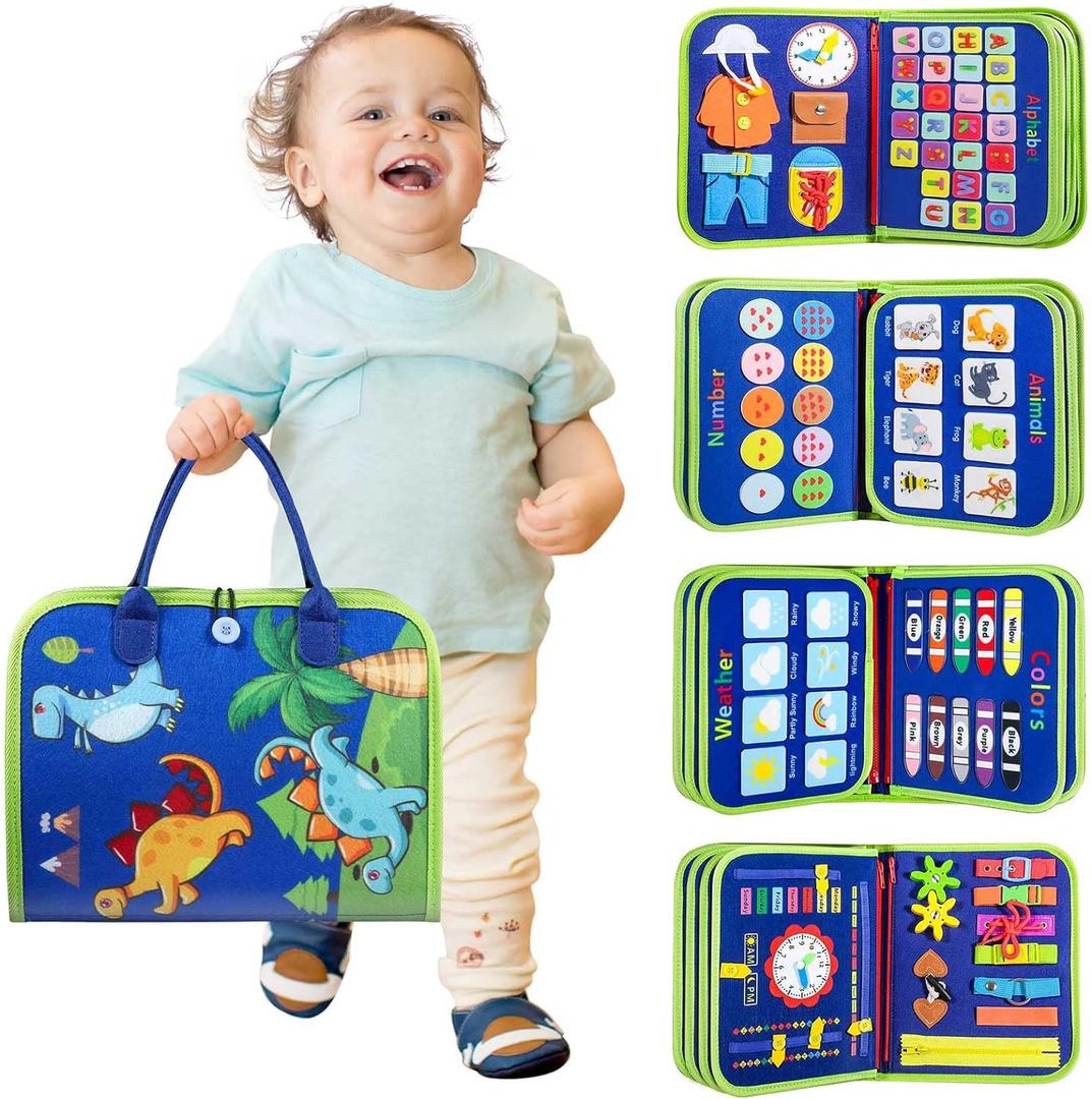 Toddler Busy Board - Montessori Toys for 1-3 Year Old Boy Birthday Gift, Educational Learning Sensory Busy Book for Two Year Old Boys, Kids Ages 2-4 Activities Toy for Airplane Car Travel (Blue)
