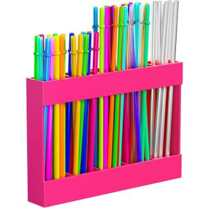 9.5" Large Acrylic Straw Holder for Cabinet Door, Reusable Straw Organizer Storge Container with Ventilation Holes for Cabinet & Countertops Super Strong Adhesive  Easy to Install (Pink)