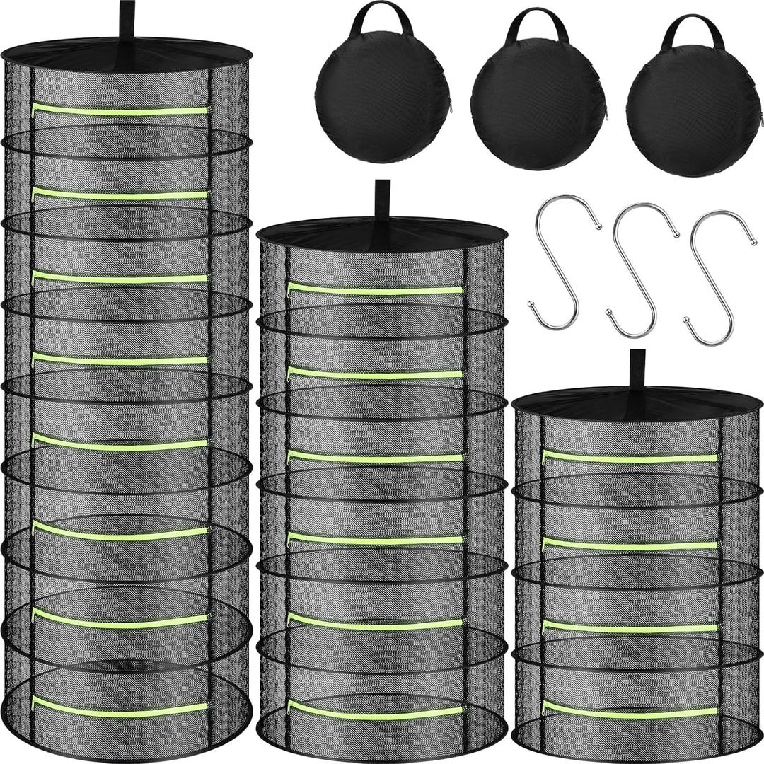 3 Pcs Herb Drying Rack Mesh Herb Drying Rack Hanging with Green Zipper 4 Tier 6 Tier 8 Tier 24" Plant Dry Net Basket with Storage Pouch and Hook for Herbs Plants Seeds Buds Grow Tents Garden