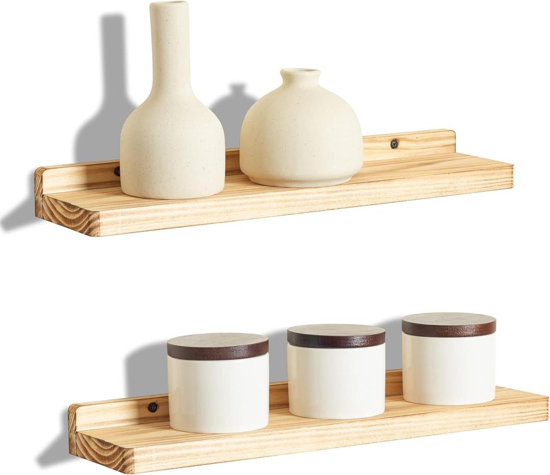Freezing point Floating Shelves for Wall Set of 2 Natural Wood 16Inch Wall Shelf Decor Plant Display Collectibles Mounted Kitchen Bathroom Bedroom Corner Decorative Storage Stand Carbonized (164)