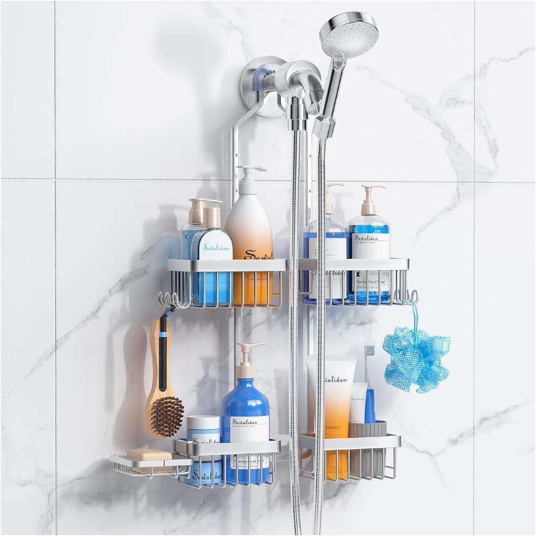 Aluminum Alloy Hanging Shower Caddy for Handheld Shower Heads, Rustproof Hose Shower Organizer 4 Levels Height Adjustable Shower Rack with Hooks, Razor Holder, Soap Holder