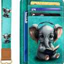 Yonlevres Elephant Credit Card Holder Slim Wallet, RFID Wallet Women Front Pocket Wristlet Lanyard, Small Card Holder Travel Funny Cute Thin Card Case ID Window PU Leather Card Organizer Gifts Girls