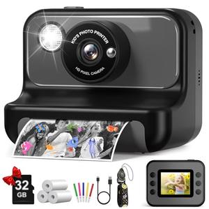 Kids Camera Instant Print, Christmas Birthday Gifts for Girls and Boys, Kids Camera 1080P HD Video Digital Camera, Toddler Toy for 3-12 Years Old, Black